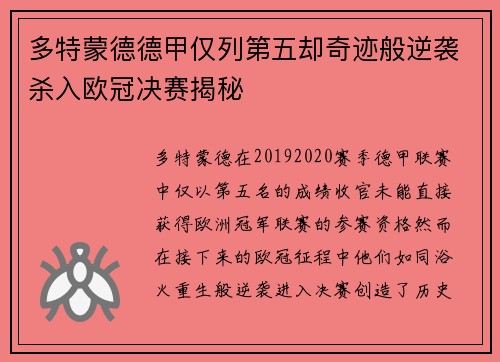 多特蒙德德甲仅列第五却奇迹般逆袭杀入欧冠决赛揭秘